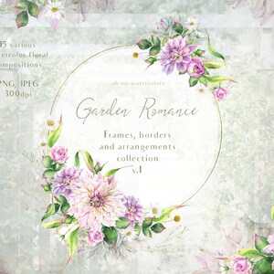 Romantic Watercolor Floral arrangements v1 - garden flowers, roses, dahlias, leaves, vintage letters, frames, wreath, border, bouquets