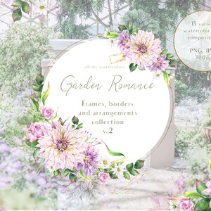 Garden Romance - Watercolor arrangements v2 - garden flowers, roses, dahlias, leaves, vintage letters, frames, wreath, border, bouquets