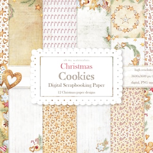 Digital scrapbooking paper collection Christmas Gingerbread Cookies - watercolor holiday pattern, festive background, ready to use design