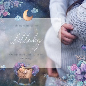 Puede incluir: Una ilustración de acuarela de un cielo nocturno estrellado con una luna creciente, nubes y un caballo de balancín unicornio. El texto "oh my watercolors Lullaby Overloaded with cuteness and magic" está escrito en un marco dorado. Esta ilustración contiene 70 elementos de acuarela.