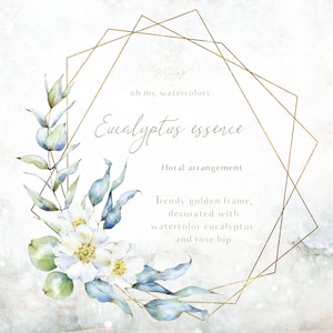 Eucalyptus Essence Single Frame v.1 - veelhoekig frame met aquarel bloemstuk, eucalyptus takken en rozenbottel