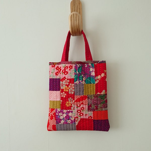 Kimono fabric patchwork bag, Red (D)