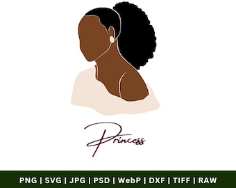 May include: A digital illustration of a person with dark brown skin and a black ponytail, wearing a light beige off-the-shoulder garment and a small white earring. Below the figure, the word Princess is written in a cursive black font.