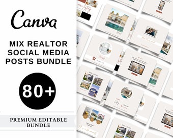 May include: A digital bundle of over 80 editable social media templates for real estate agents, featuring the text Canva, MIX REALTOR SOCIAL MEDIA POSTS BUNDLE, 80+, and PREMIUM EDITABLE BUNDLE, displayed alongside various real estate post examples.