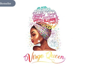 May include: Illustration of a woman with a colorful head wrap and gold hoop earrings. The image includes the text "Virgo Queen" in a gradient font and words like "Beautiful" and "Gorgeous" above her head.