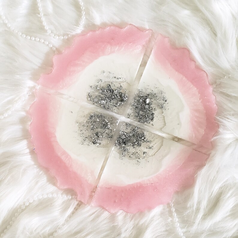 Pink and silver resin coasters