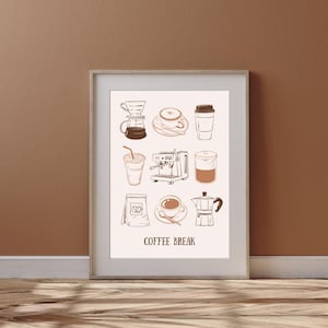 以下が含まれることがあります： コーヒーの淹れ方の様々な方法が描かれた、白枠のブラウンとホワイトのイラストのプリント。イラストには、コーヒーメーカー、フレンチプレス、ドリップ式コーヒーメーカー、コーヒーカップ、コーヒーバッグ、マグカップが描かれている。プリントの下部には「COFFEE BREAK」の文字が書かれている。