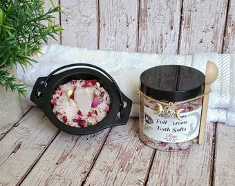 Full Moon Ritual Bath Salts With Scoop, Witchy Gifts For Her, Rose Bath Salts 8 oz, Self Care Gift For Women, Rose Quartz Self Love Crystal