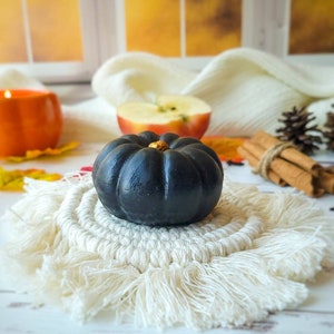 May include: A black pumpkin with a gold stem sits on a white crocheted coaster with fringe. The coaster is on a white wooden surface. There is a red apple and cinnamon sticks in the background.
