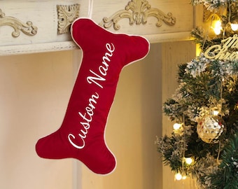 Personalised Dog Christmas stocking, Red or Blush pink bone stocking, first Christmas, personalized custom, name puppy Christmas gift