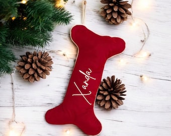 Personalised Dog Christmas stocking, Red or Blush pink bone stocking, first Christmas, personalized custom, name puppy Christmas gift