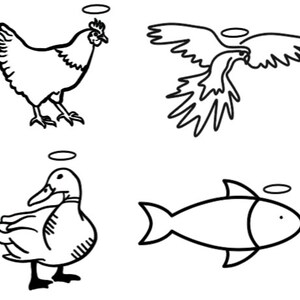 May include: A black and white line drawing of four animals with halos above their heads. The animals are a chicken, a bird, a duck, and a fish.