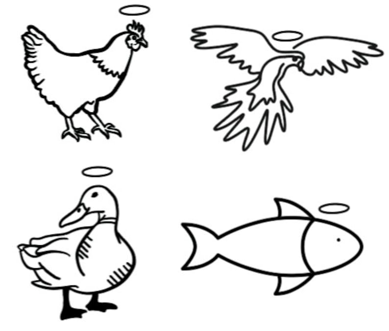 May include: A black and white line drawing of four animals with halos above their heads. The animals are a chicken, a bird, a duck, and a fish.
