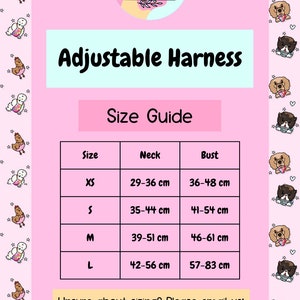 Puede incluir: Una tabla de tallas rosa y blanca para arneses de perro ajustables. La tabla muestra las tallas XS, S, M y L con las medidas de cuello y pecho correspondientes en cent&iacute;metros.