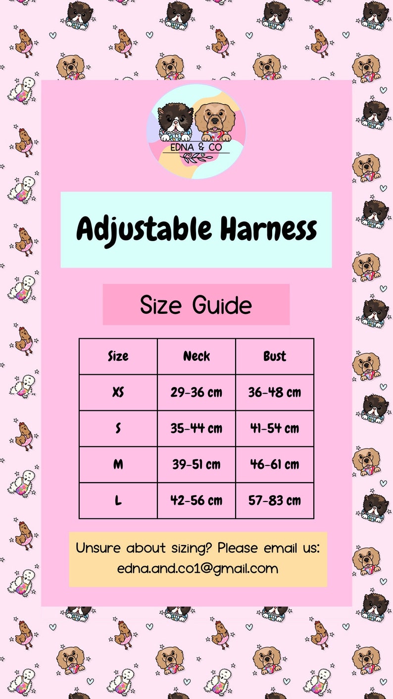 Puede incluir: Una tabla de tallas rosa y blanca para arneses de perro ajustables. La tabla muestra las tallas XS, S, M y L con las medidas de cuello y pecho correspondientes en cent&iacute;metros.