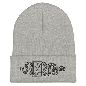 May include: Gray beanie with a black snake and a geometric design that says "RXDC" on the cuff.