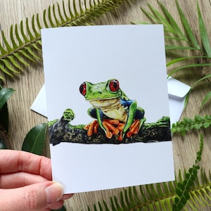 Frog Greeting Card – Colour Pencil Illustration – Blank Inside – 118 x 140mm – Amphibian Nature Art Card with Envelope