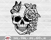 Skull Flower Butterfly Svg, Skull svg, Flower Skull svg, Skull cut file, Floral Skull clip art, Sugar Skull Svg file, skull vector, Skeleton