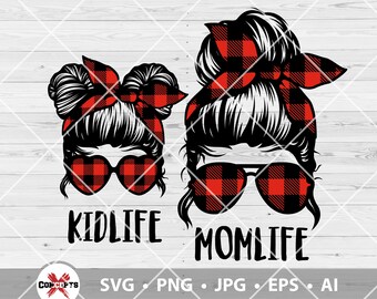 Mom Life Kid Life Svg, Mom and Daughter Skull svg, Messy bun skull svg, Momlife svg, Kidlife Svg, Buffalo Plaid Mom Skull Svg, Cutting Files