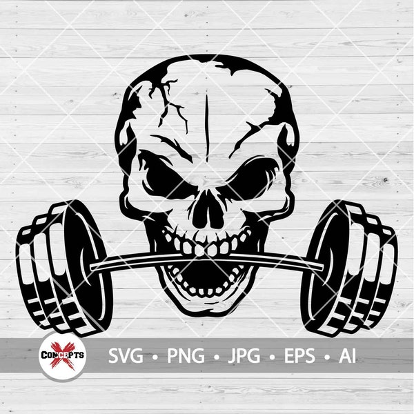 Weightlifting Skull SVG, Skull with barbell SVG, Skull Silhouette, barbell svg Clipart, Skull fitness SVG, Png Dxf Eps