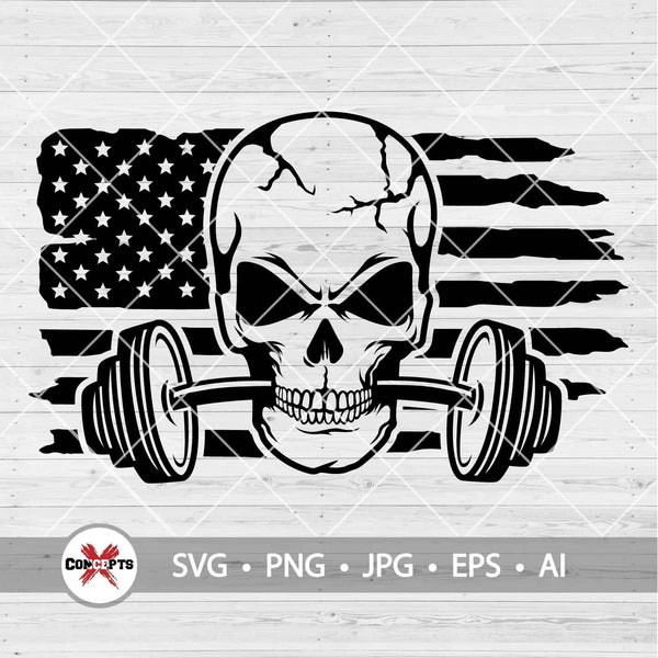 US Skull Barbell Svg, Skull Fitness Svg, American flag clipart, Barbell Gym Svg, Skeleton Gym Svg, Barbell clipart, Gym Svg, Png Dxf Eps