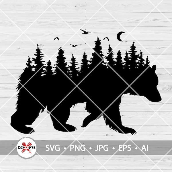 Bear Outdoor Svg, Bear Mountain Scene Svg, Outdoor Bear Svg, Forest Trees Svg, Camping svg file, hiking Svg, Mountain range, Cutting Files