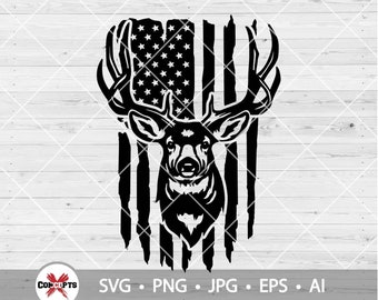 Deerhead Flag SVG, Hunting svg, Deer svg, Hunting Clipart, American Flag Deer SVG, American Hunting clipart, Deer hunting svg, Png Dxf Eps