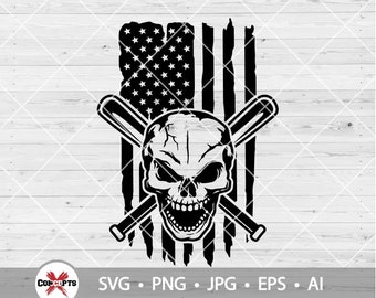 US Baseball Skull with Crossed Bats Svg, Skull Svg, Softball Skull Svg, Baseball bats SVG,Skull baseball Svg, American Flag SVG, Png Dxf Eps