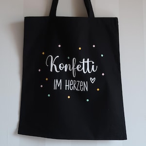 Stofftasche schwarz/bunt "Konfetti im Herzen", lange Henkel, Tragetasche, Fasching, Karneval