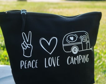 Camping cosmetic bag, toiletry bag black, Peace Love Camping, gift for camping friends