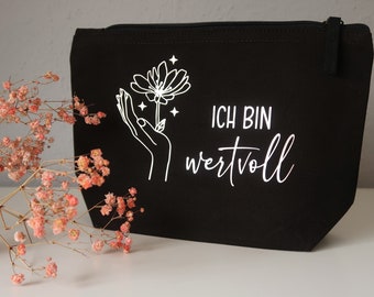 Kosmetiktasche  "Ich bin wertvoll" Bio Baumwolle, schwarz/champagner, Geschenk für Frauen