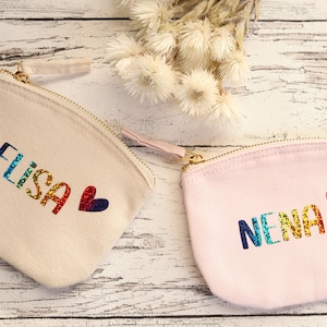 Personalized makeup bag, small purse, girls, gift, rainbow glitter, beige, pink