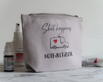 Kulturbeutel, Notfalltasche "Shit happens " Reiseapotheke, Emergency bag, grau