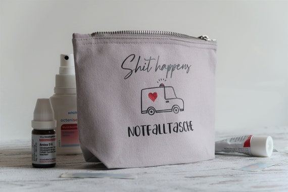 Kulturbeutel, Notfalltasche "Shit happens " Reiseapotheke, Emergency bag, grau
