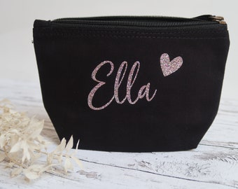 Kosmetiktasche personalisiert, Accessoiretasche, Bio Baumwolle, Name Glitzer, glitter, Aufbewahrung, Geschenk für Frauen, Geburtstag