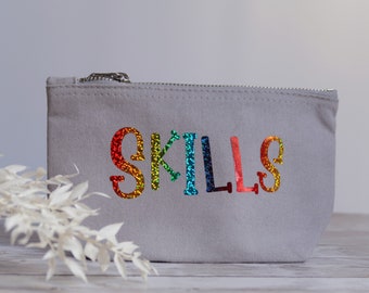 Skills-Tasche, Notfalltasche, grau klein, Glitzer, individuell, Regenbogenfarben, Therapie Notfalltasche