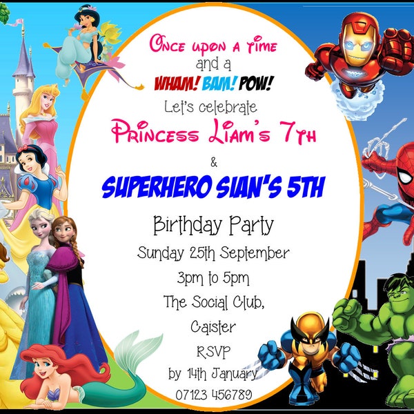 A6 Personalised invitations / Birthday / party / Superhero / Princess / split theme / boys / girls / half and half / animals / football