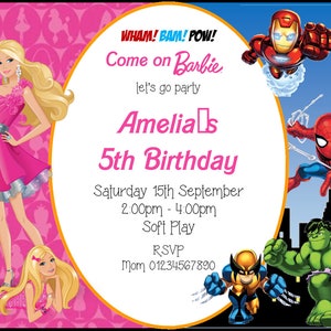 May include: A pink birthday invitation featuring Barbie and superhero characters. The invitation includes the text "Come on Barbie" and "Amelia's 5th Birthday". The date and time of the party are also listed.