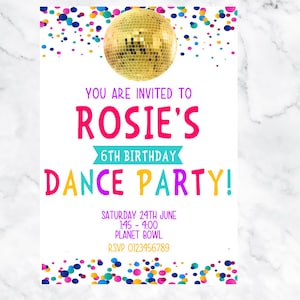 A6 Personalised Party Invitations / Birthday / Children's party /Dance / Disco / Celebration cards / Invites