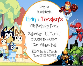 A6 Personalised invitations / Birthday / Children's party / Superhero / Princess / split theme / boys party / girls party / party / Bluey