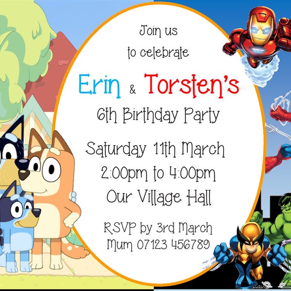 A6 Personalised invitations / Birthday / Children's party / Superhero / Princess / split theme / boys party / girls party / party / Bluey