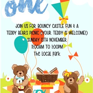 Personalisierte Party / Einladungen / Geburtstag / Kinderparty / Teddybär / Feierkarten / Lädt ein / Schule / Picknick / Erste / 1st