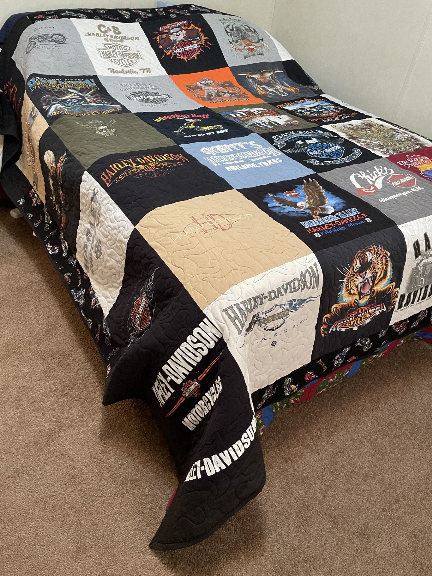Harley Davidson King Size T Shirt Quilt Blanket Bedspread Man Cave