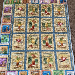 Handmade throw quilt Beach theme and drink recipes bright multiple color