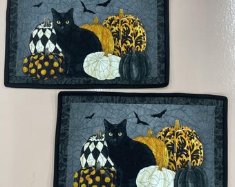 Handmade Quilted Halloween Placemats, Set of 2 | Spooky Black Cat & Patterned Pumpkins Table Decor, Gothic Autumn Dining Table Toppers
