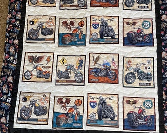 Handmade throw quilt motorcycle enthusiast blanket patchwork, bike rally route 66 Sturgis travelers