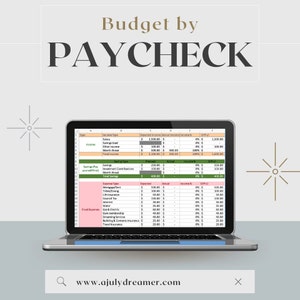 May include: A laptop screen displaying a spreadsheet with a budget plan titled "Budget by Paycheck". The spreadsheet includes categories for income, savings, and expenses, with columns for expected income, actual income, and the difference. The spreadsheet is organized by type, with categories for salary, savings used, other income, month ahead, total income, savings pay yourself first, investment contributions, month ahead, total savings, mortgage/rent, tithing/giving, life insurance, council tax, internet, water, gas & electric, gym membership, streaming services, building & contents insurance, and travel insurance.