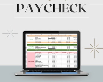 May include: A laptop screen displaying a spreadsheet with a budget plan titled "Budget by Paycheck". The spreadsheet includes categories for income, savings, and expenses, with columns for expected income, actual income, and the difference. The spreadsheet is organized by type, with categories for salary, savings used, other income, month ahead, total income, savings pay yourself first, investment contributions, month ahead, total savings, mortgage/rent, tithing/giving, life insurance, council tax, internet, water, gas & electric, gym membership, streaming services, building & contents insurance, and travel insurance.