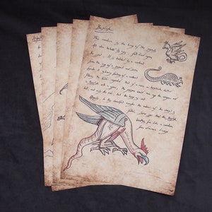 Manuskript-Seiten mit mythischen Kreaturen und Dämonen, inspiriert von Fantasy-Filmen und Serien