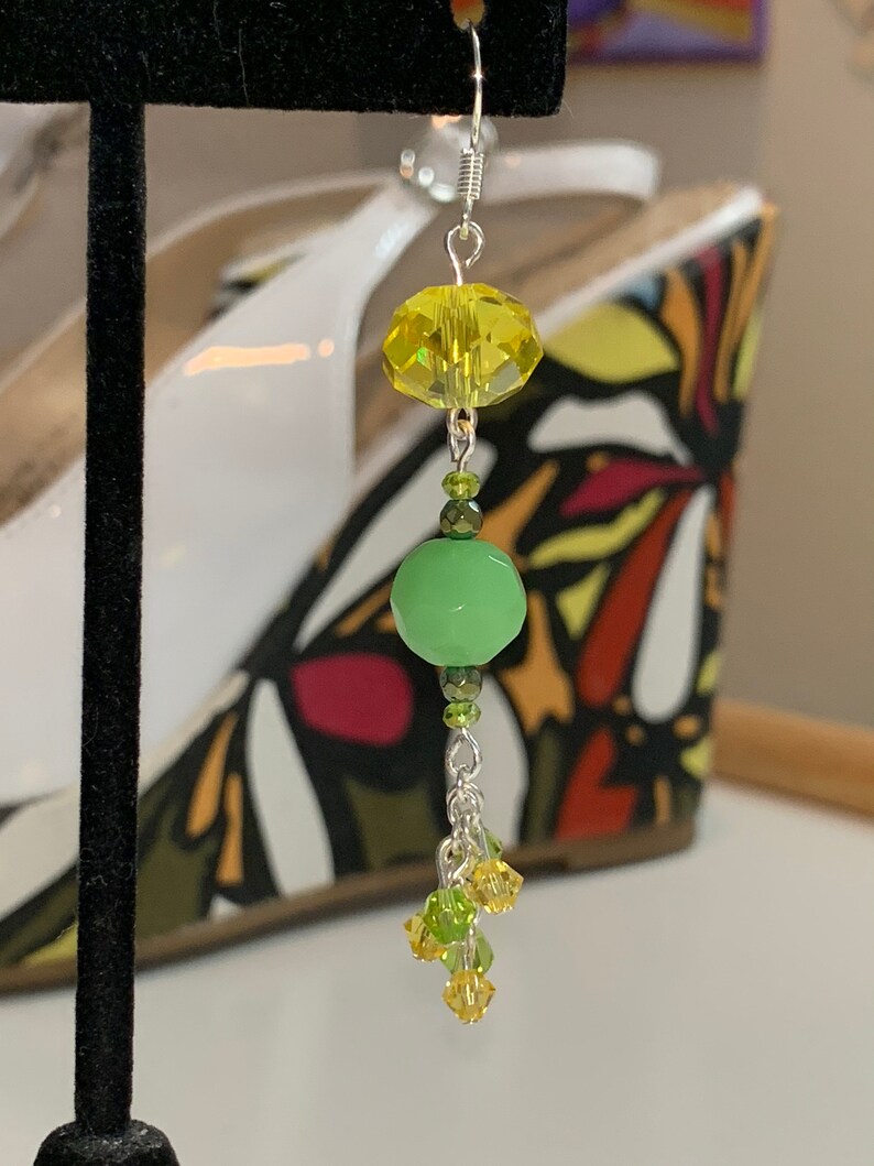 One of my new favorites Long Earrings in greens and yellows so cute! with lots of movement